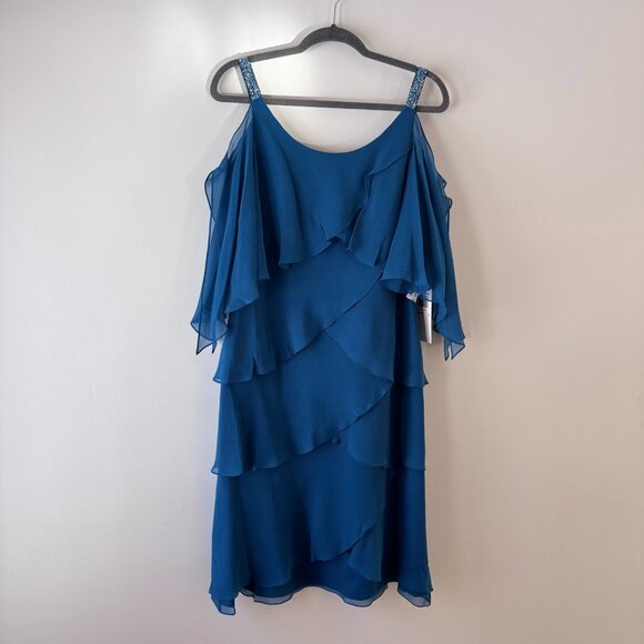 💃 NWT Alexander by Daymor Teal Cold Shoulder Tiered Dress Sz 8 –Wedding, Formal - Picture 3 of 12